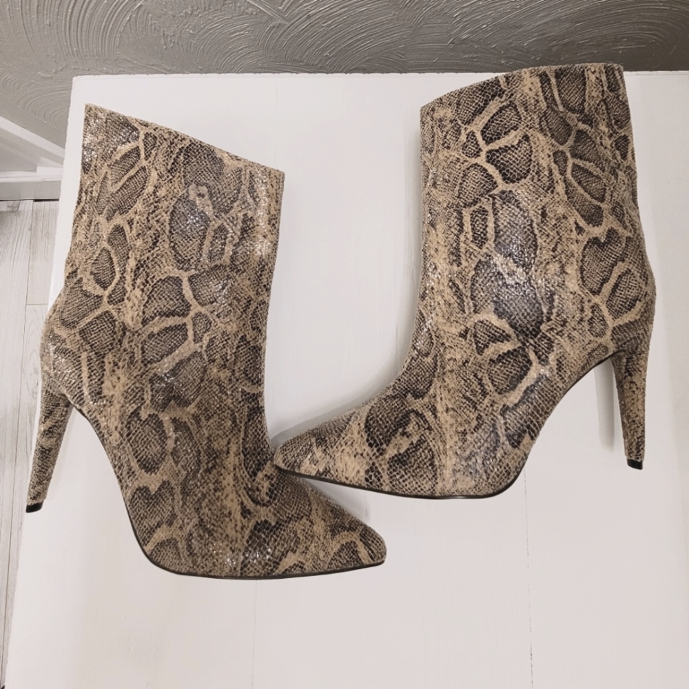 Express Snake Print Pointed Toe Stiletto Ankle Boots in Taupe/Brown